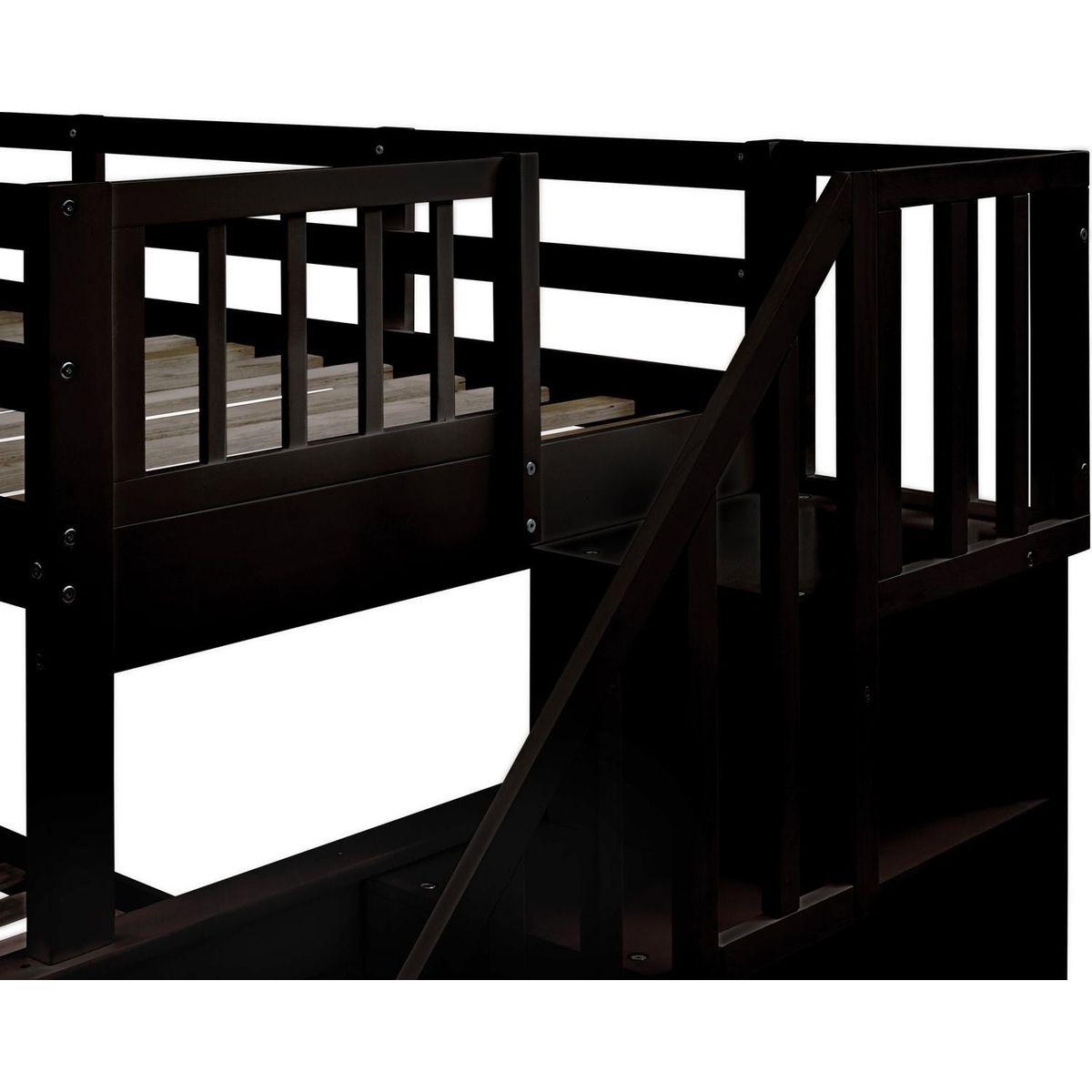 Twin-Over-Full Bunk Bed with Twin size Trundle, Storage and Guard Rail for Bedroom, Dorm, for Adults, Espresso