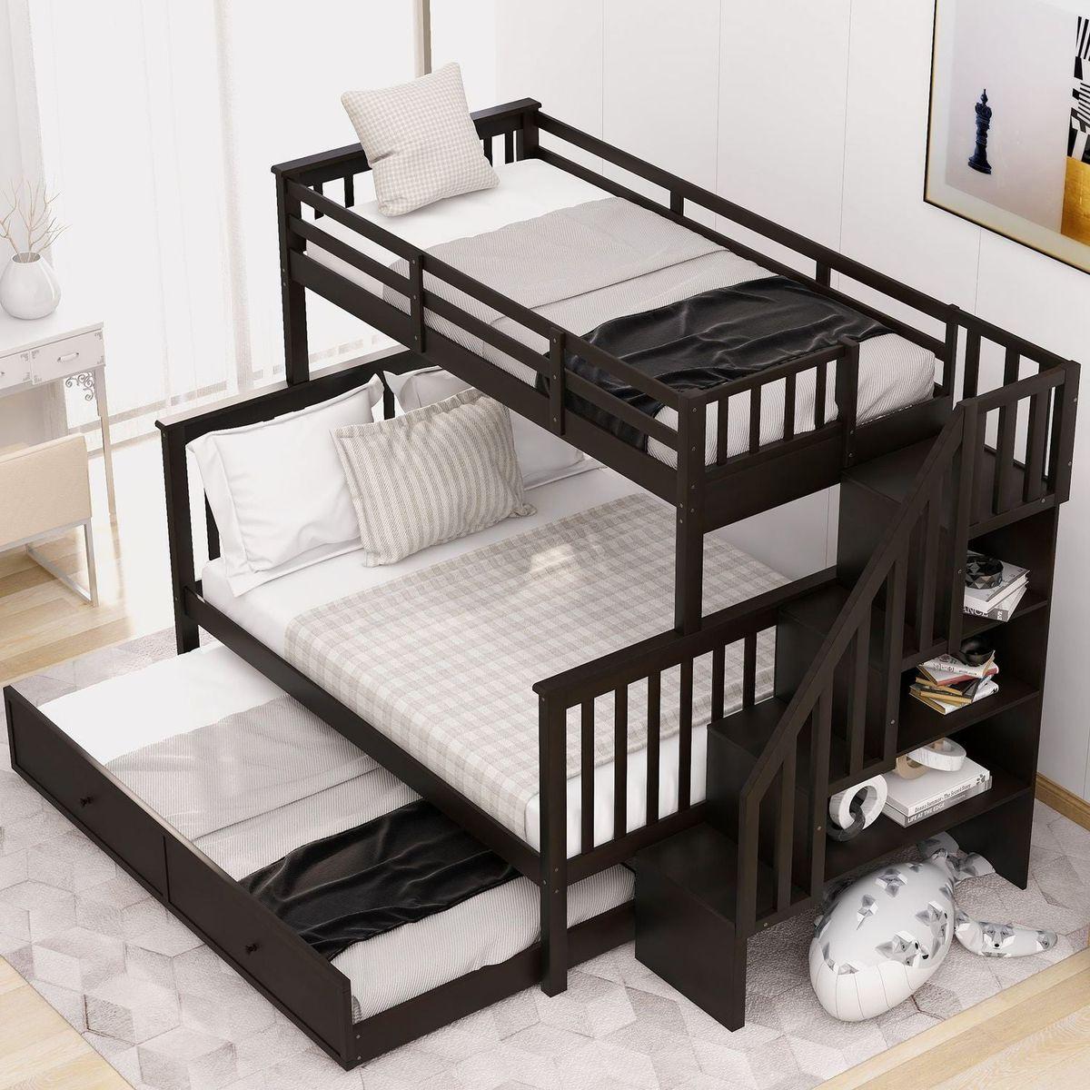 Twin-Over-Full Bunk Bed with Twin size Trundle, Storage and Guard Rail for Bedroom, Dorm, for Adults, Espresso