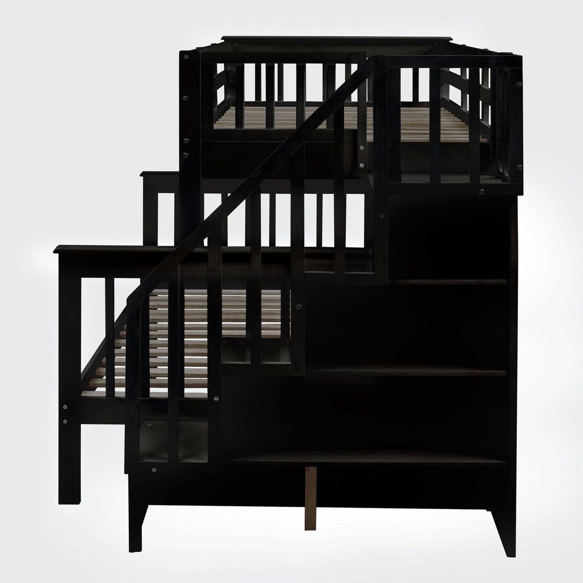 Twin-Over-Full Bunk Bed with Twin size Trundle, Storage and Guard Rail for Bedroom, Dorm, for Adults, Espresso