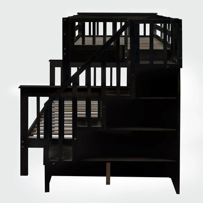 Twin-Over-Full Bunk Bed with Twin size Trundle, Storage and Guard Rail for Bedroom, Dorm, for Adults, Espresso