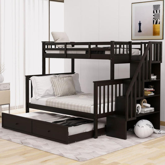 Twin-Over-Full Bunk Bed with Twin size Trundle, Storage and Guard Rail for Bedroom, Dorm, for Adults, Espresso