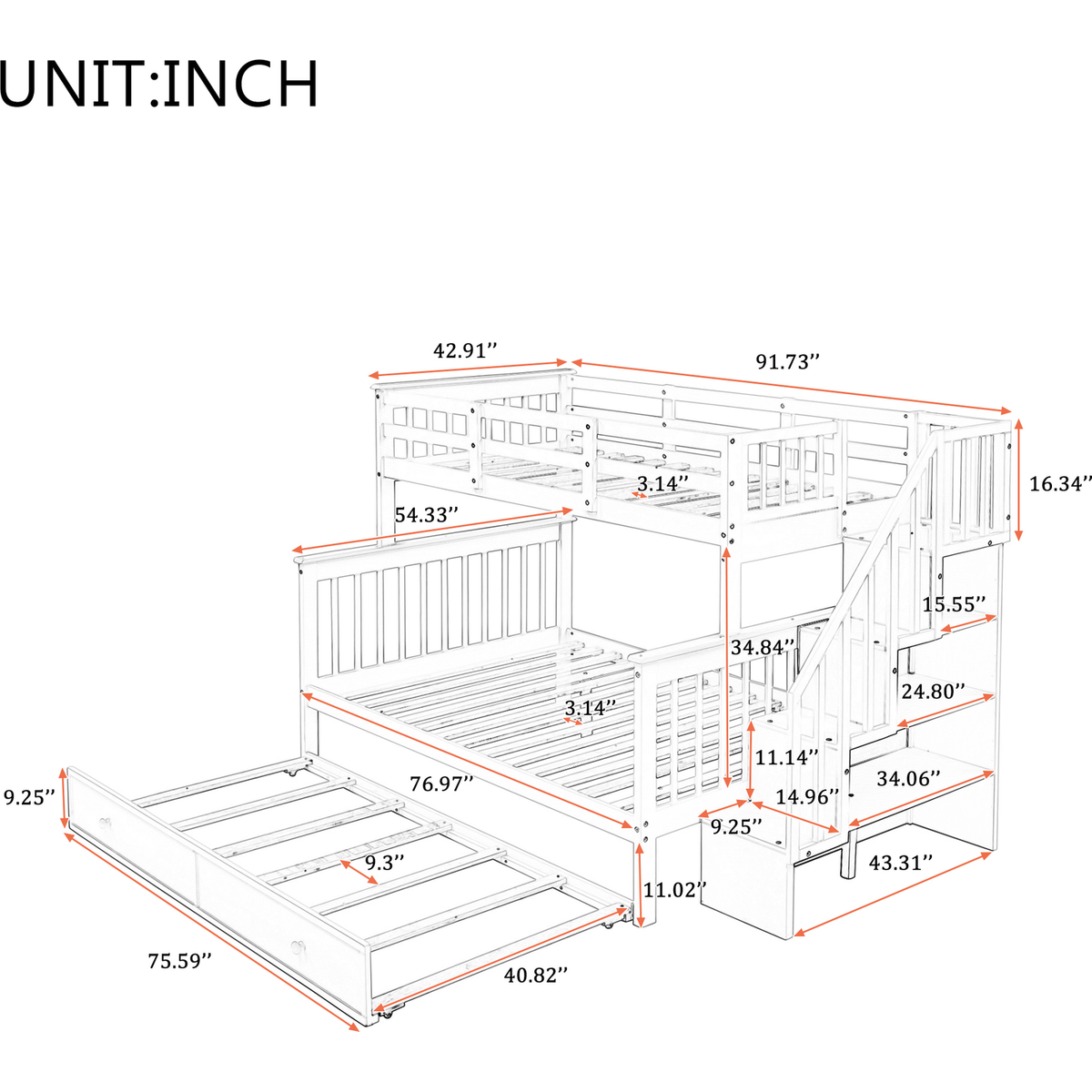Twin-Over-Full Bunk Bed with Twin size Trundle, Storage and Guard Rail for Bedroom, Dorm, for Adults, Espresso