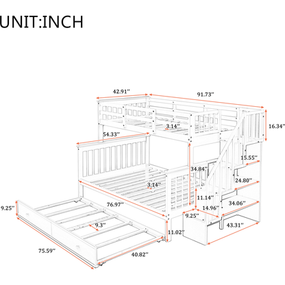 Twin-Over-Full Bunk Bed with Twin size Trundle, Storage and Guard Rail for Bedroom, Dorm, for Adults, Espresso