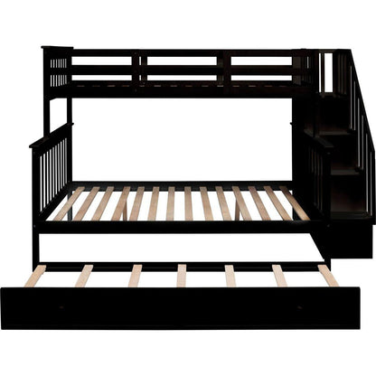 Twin-Over-Full Bunk Bed with Twin size Trundle, Storage and Guard Rail for Bedroom, Dorm, for Adults, Espresso