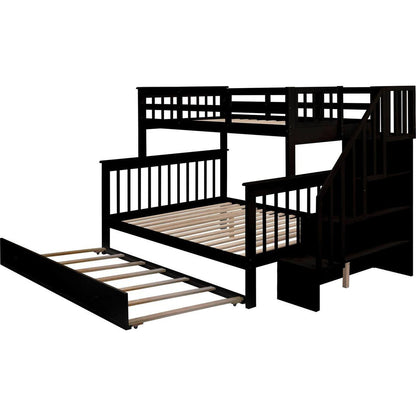 Twin-Over-Full Bunk Bed with Twin size Trundle, Storage and Guard Rail for Bedroom, Dorm, for Adults, Espresso