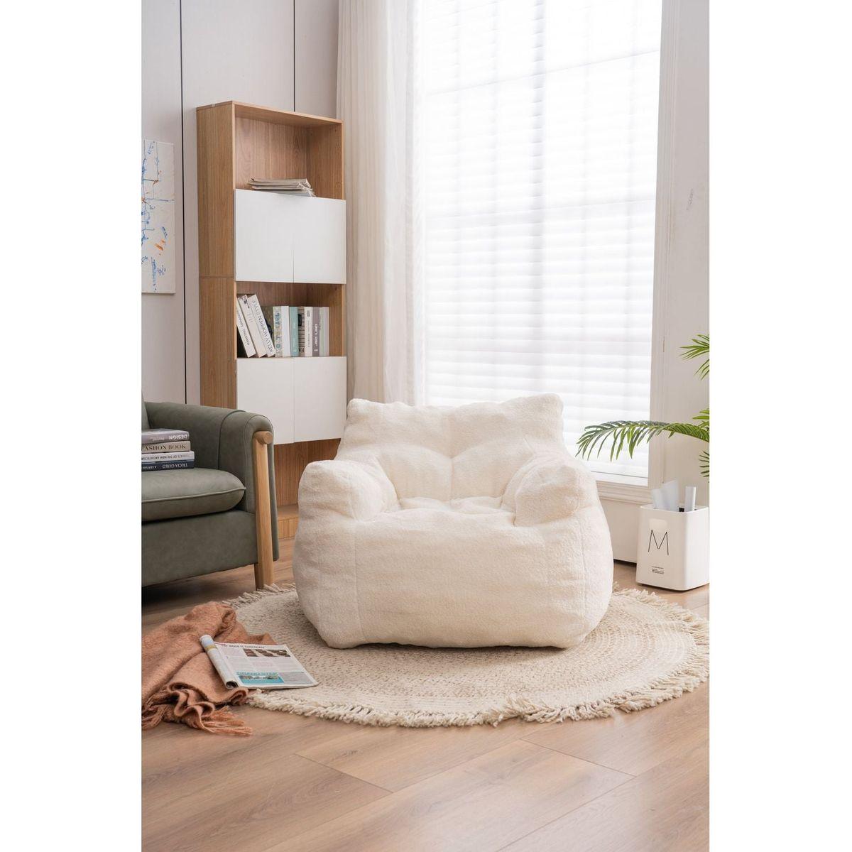 Soft Teddy Fabric Tufted Foam Bean Bag Chair With Teddy Fabric Ivory White