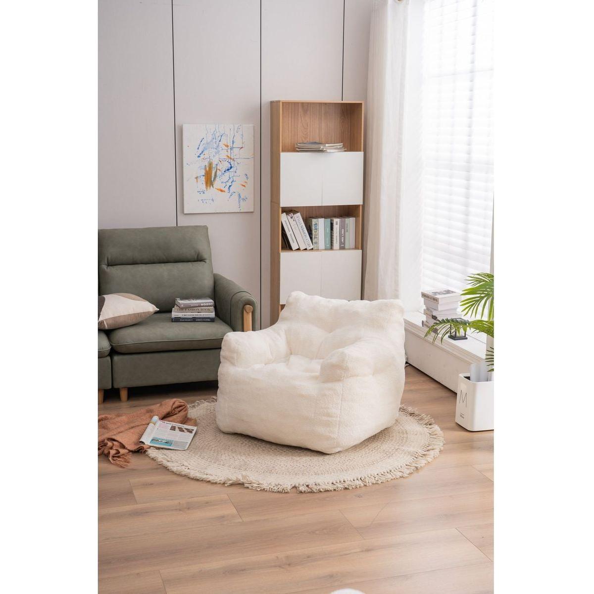 Soft Teddy Fabric Tufted Foam Bean Bag Chair With Teddy Fabric Ivory White