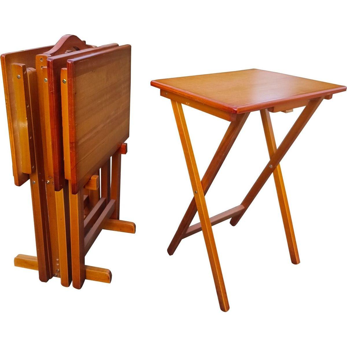 Folding Trays with Storage Rack,Snack Table - Set of 4,honey