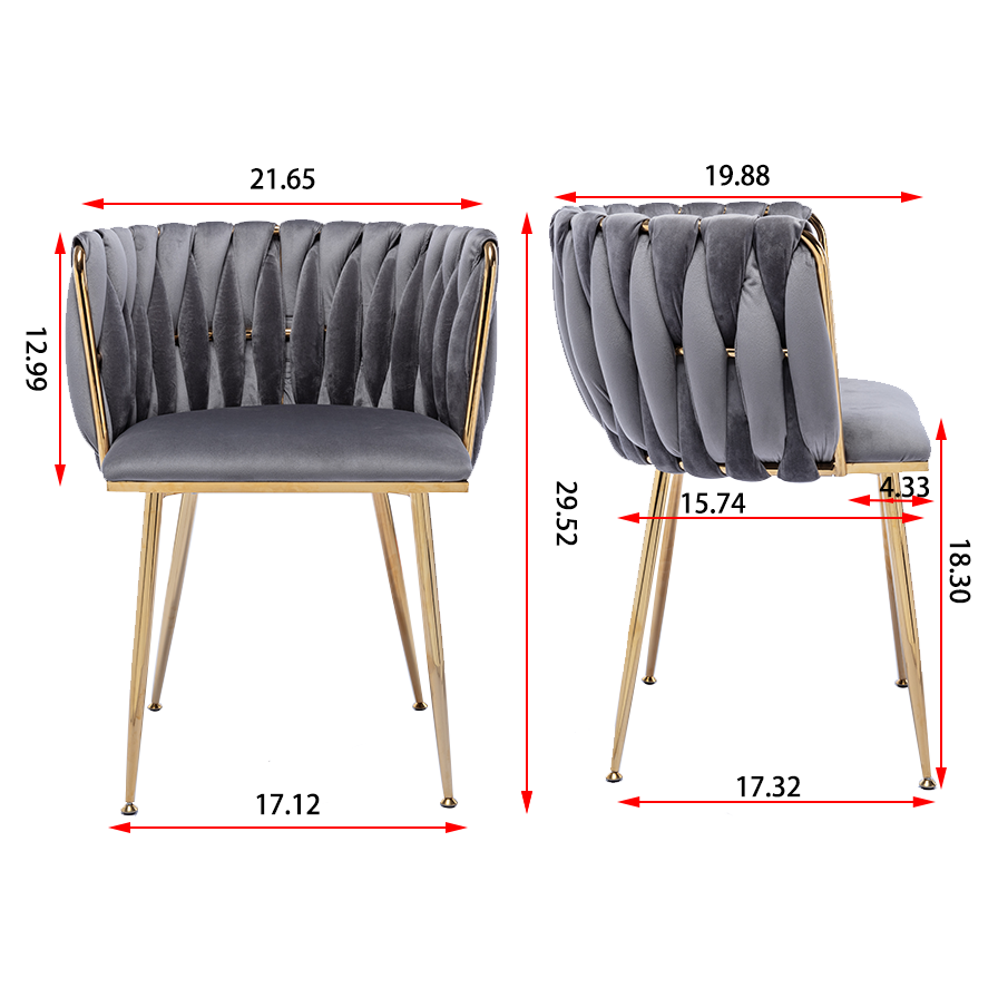 Modern Design Golden Metal Frame Velvet Fabric Dining Chair with Golden Legs,Set of 2,Grey