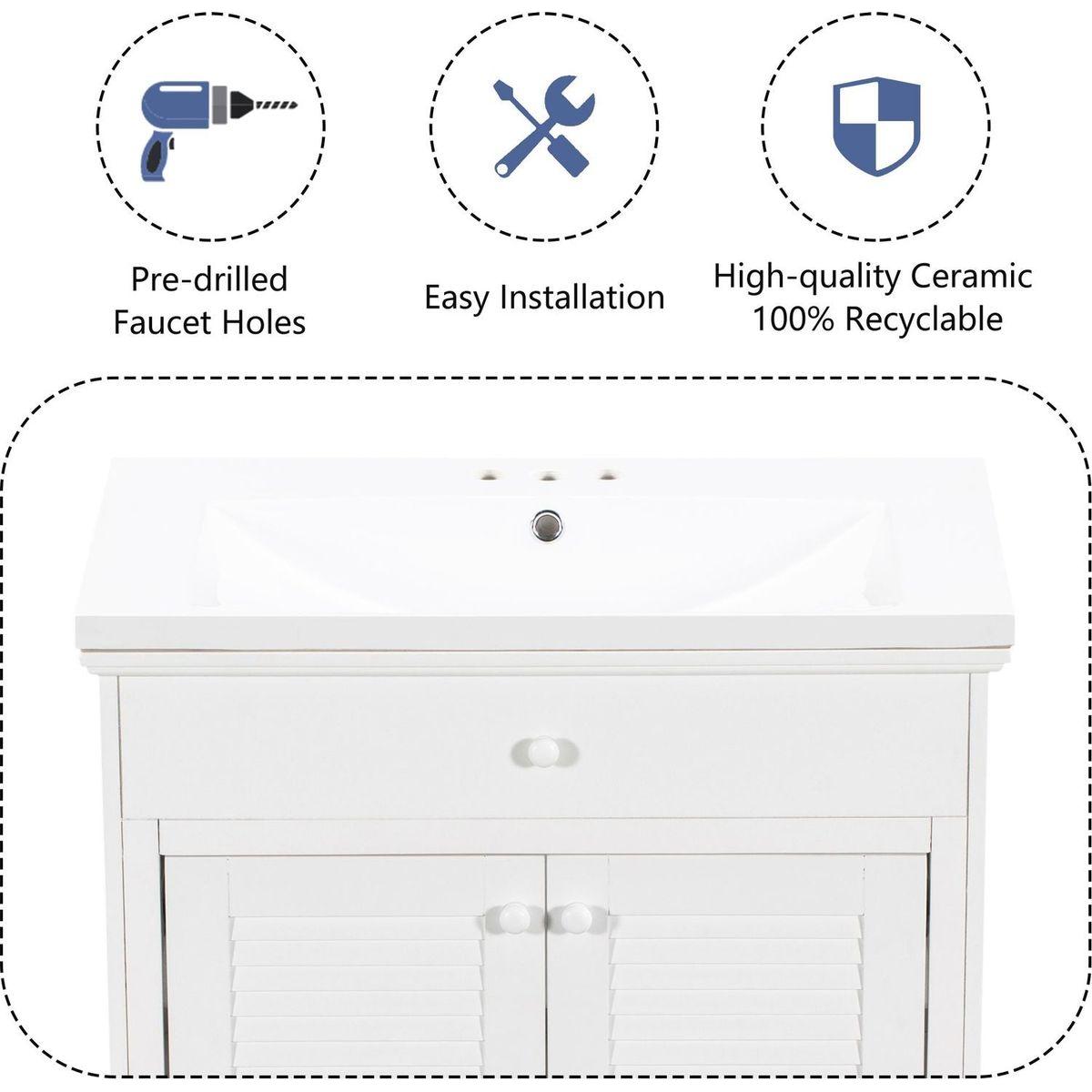 30" Bathroom Vanity with Sink, Bathroom Cabinet with Two Doors and One Drawer, White