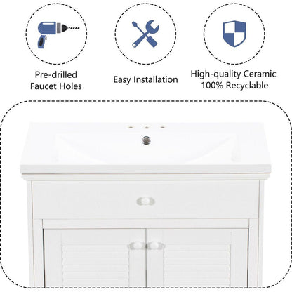 30" Bathroom Vanity with Sink, Bathroom Cabinet with Two Doors and One Drawer, White