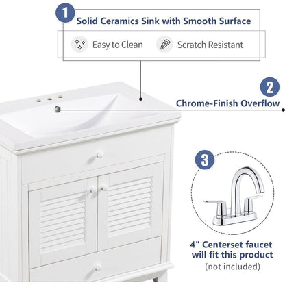 30" Bathroom Vanity with Sink, Bathroom Cabinet with Two Doors and One Drawer, White