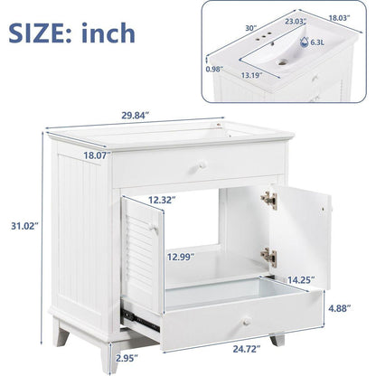 30" Bathroom Vanity with Sink, Bathroom Cabinet with Two Doors and One Drawer, White