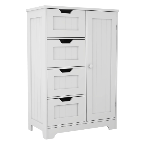 White freestanding floor storage cabinet with adjustable shelves, 4 drawers and 1 door