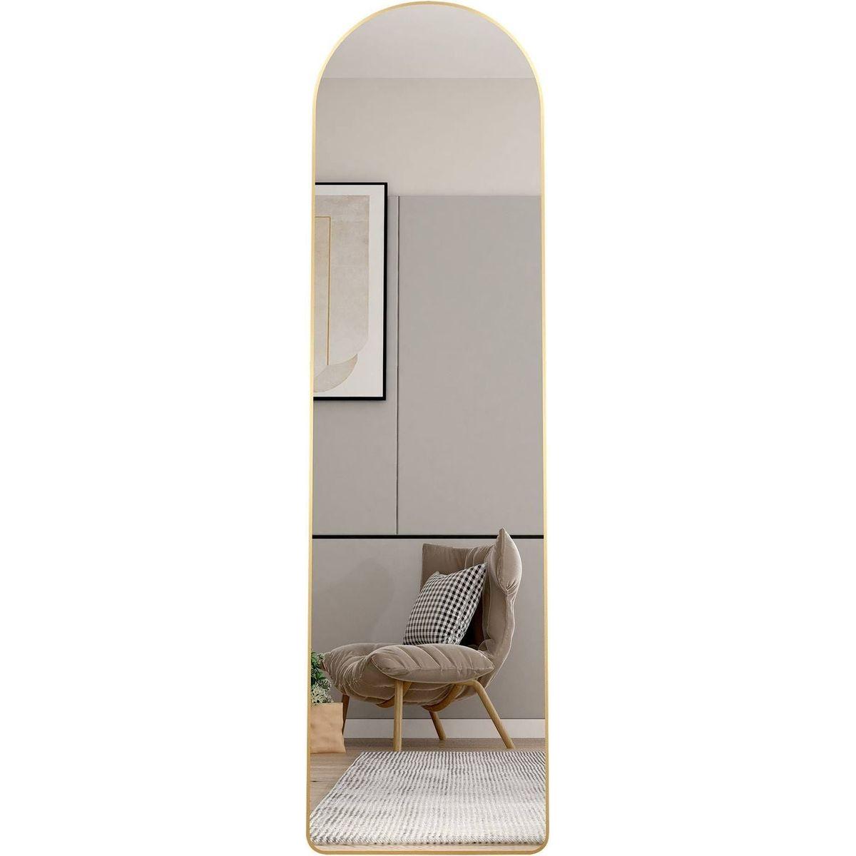 The third generation floor mounted full length rearview mirror. Aluminum alloy metal frame arched wall mirror, bathroom makeup mirror, clothing store, wall mounted. Gold 60 "x16.5"