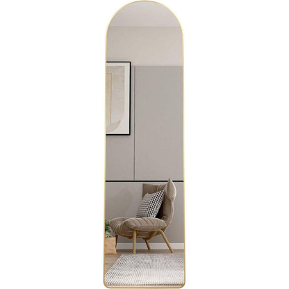 The third generation floor mounted full length rearview mirror. Aluminum alloy metal frame arched wall mirror, bathroom makeup mirror, clothing store, wall mounted. Gold 60 "x16.5"