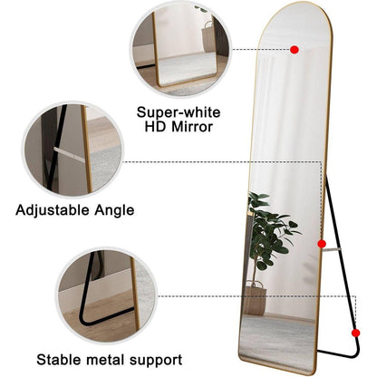 The third generation floor mounted full length rearview mirror. Aluminum alloy metal frame arched wall mirror, bathroom makeup mirror, clothing store, wall mounted. Gold 60 "x16.5"