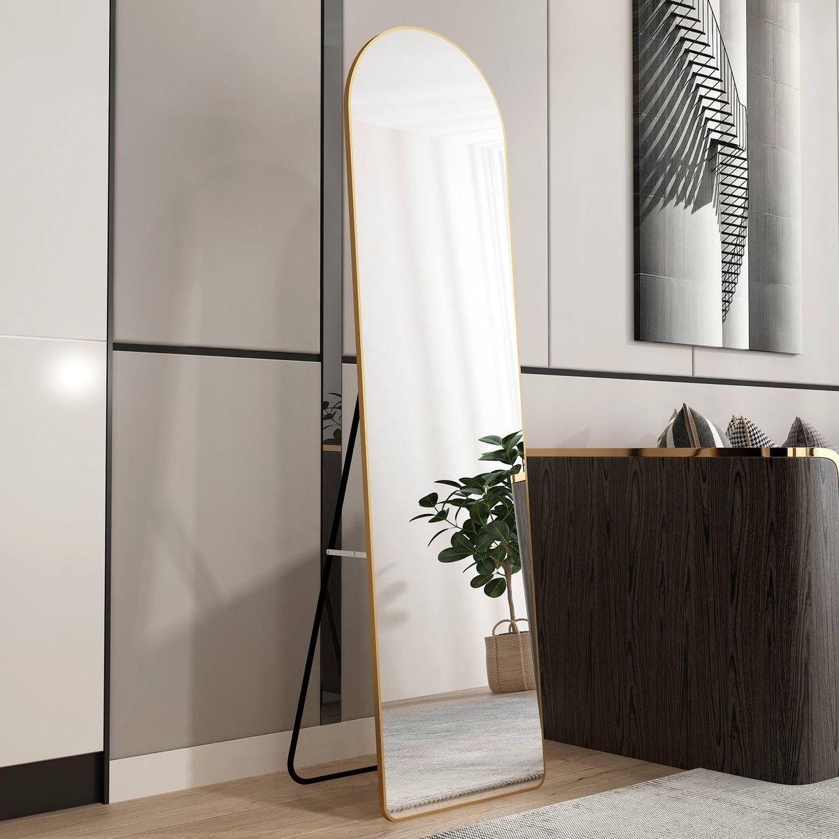 The third generation floor mounted full length rearview mirror. Aluminum alloy metal frame arched wall mirror, bathroom makeup mirror, clothing store, wall mounted. Gold 60 "x16.5"