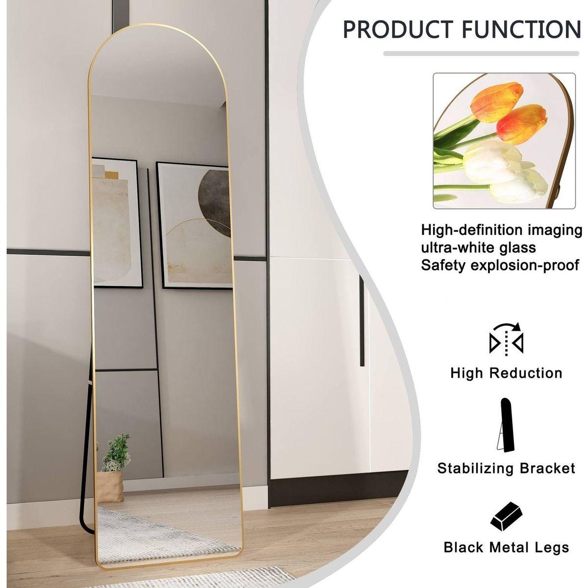 The third generation floor mounted full length rearview mirror. Aluminum alloy metal frame arched wall mirror, bathroom makeup mirror, clothing store, wall mounted. Gold 60 "x16.5"