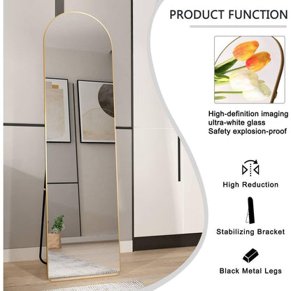 The third generation floor mounted full length rearview mirror. Aluminum alloy metal frame arched wall mirror, bathroom makeup mirror, clothing store, wall mounted. Gold 60 "x16.5"