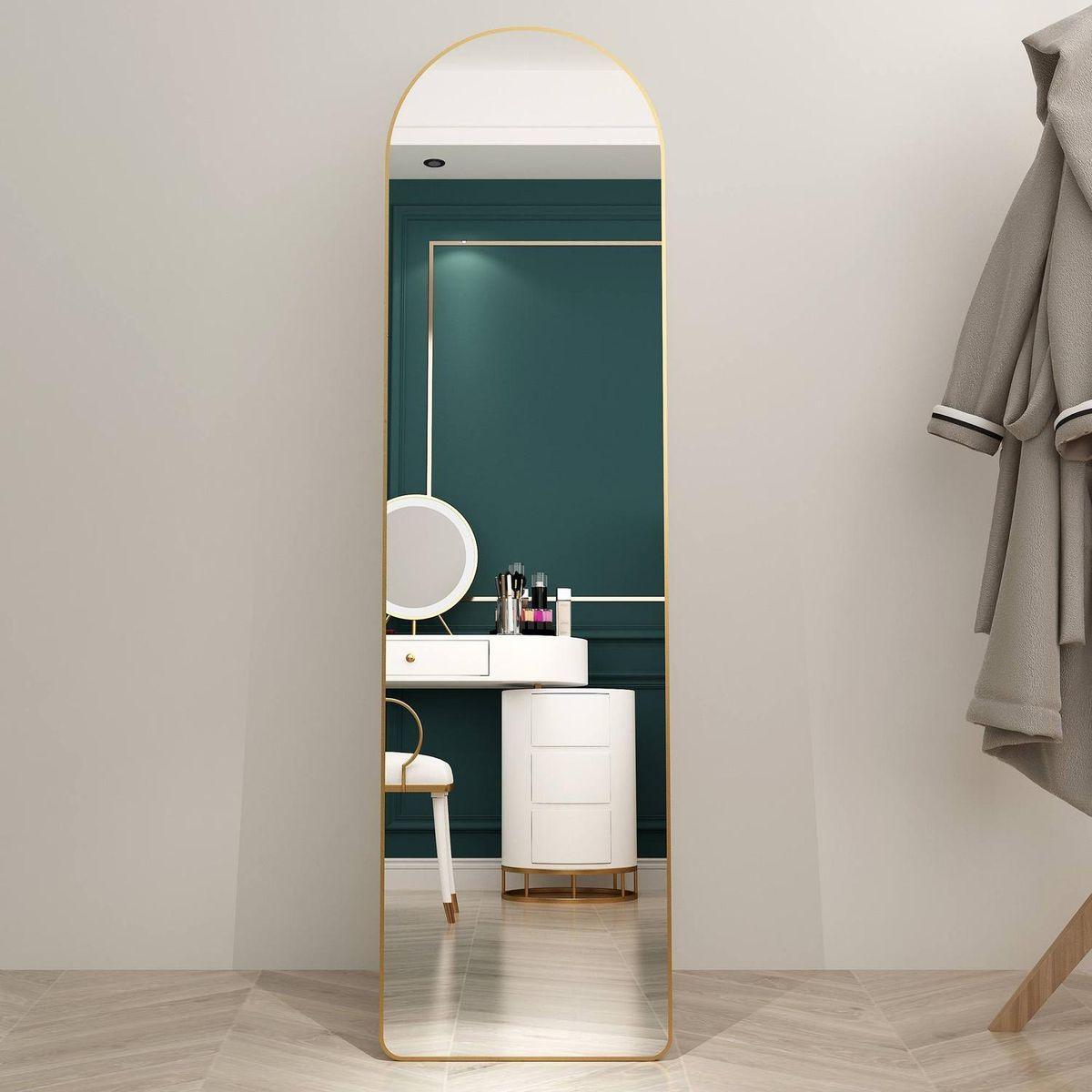 The third generation floor mounted full length rearview mirror. Aluminum alloy metal frame arched wall mirror, bathroom makeup mirror, clothing store, wall mounted. Gold 60 "x16.5"