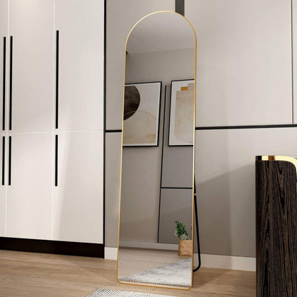 The third generation floor mounted full length rearview mirror. Aluminum alloy metal frame arched wall mirror, bathroom makeup mirror, clothing store, wall mounted. Gold 60 "x16.5"