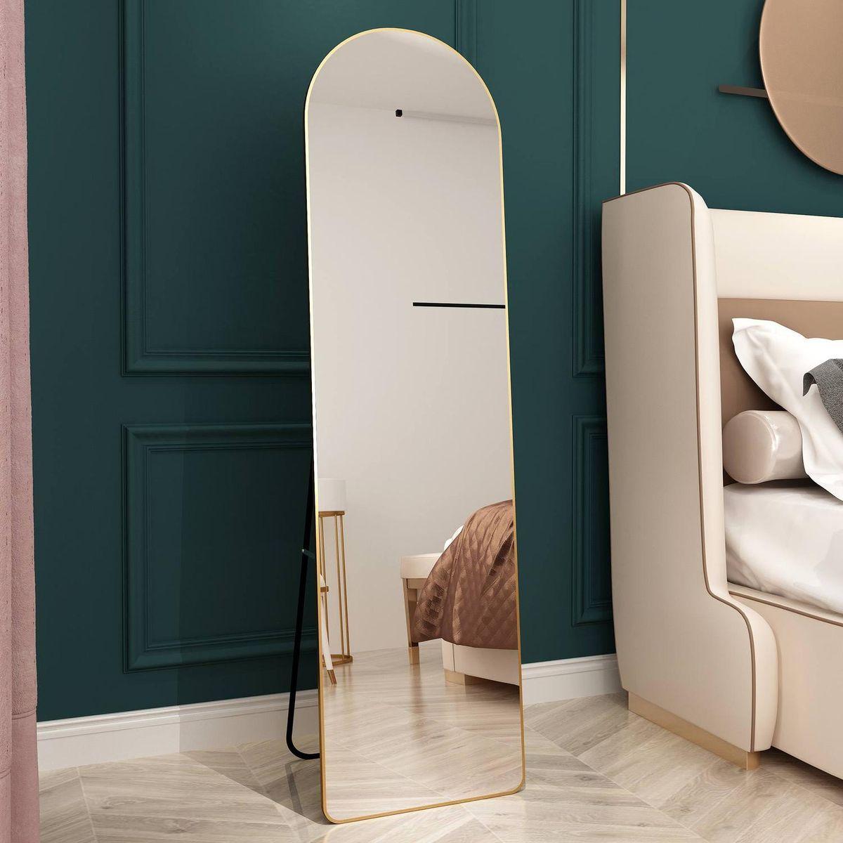 The third generation floor mounted full length rearview mirror. Aluminum alloy metal frame arched wall mirror, bathroom makeup mirror, clothing store, wall mounted. Gold 60 "x16.5"