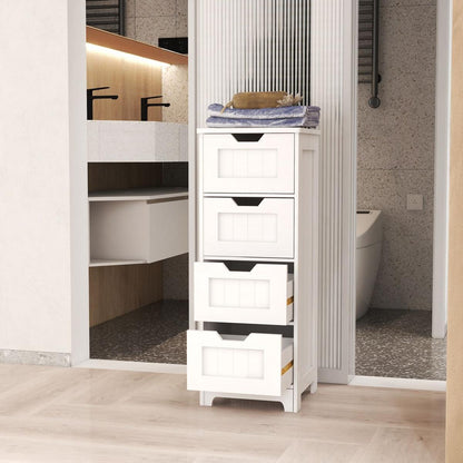 White freestanding storage cabinet with 4 drawers, suitable for bathroom, living room, kitchen