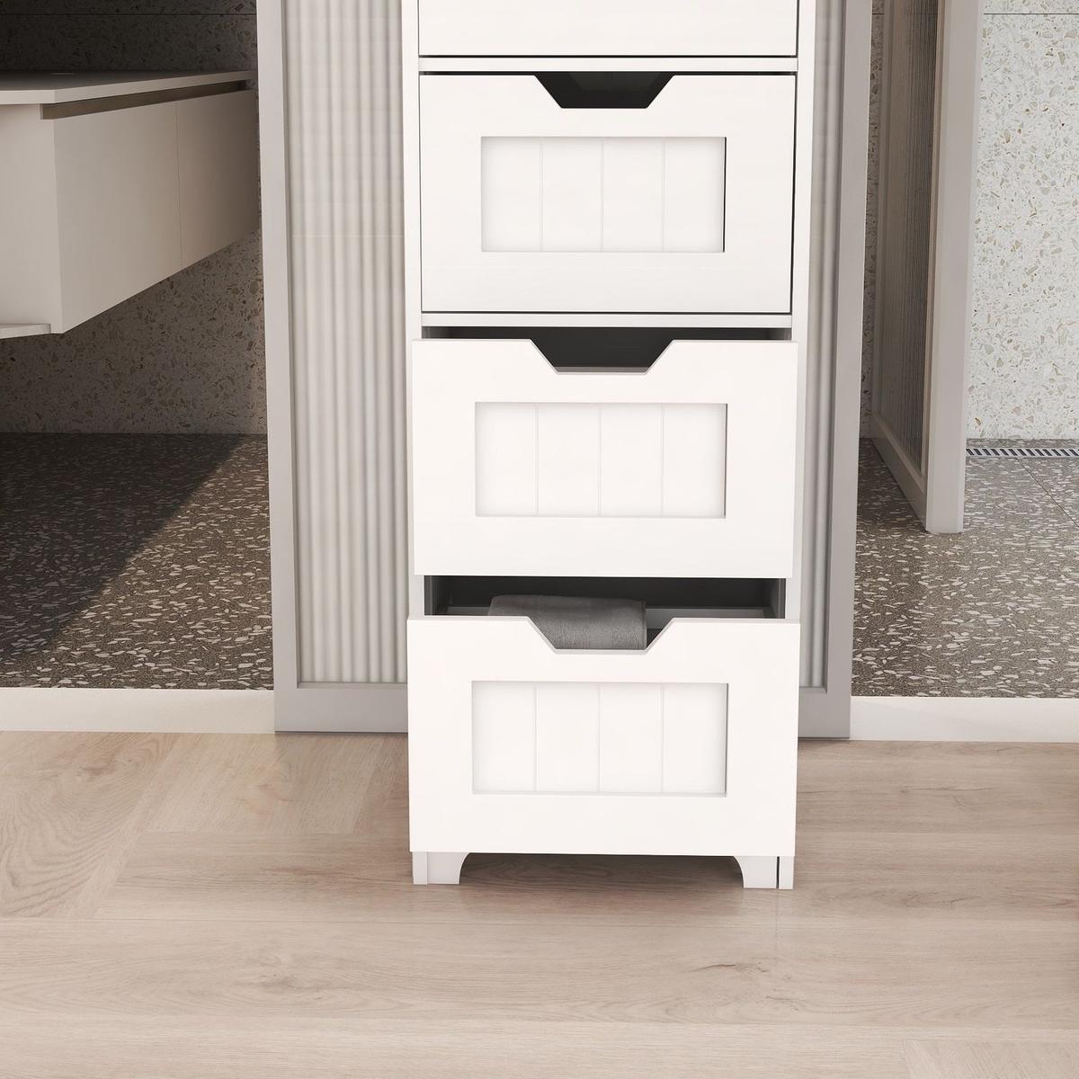 White freestanding storage cabinet with 4 drawers, suitable for bathroom, living room, kitchen