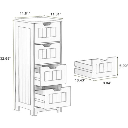 White freestanding storage cabinet with 4 drawers, suitable for bathroom, living room, kitchen