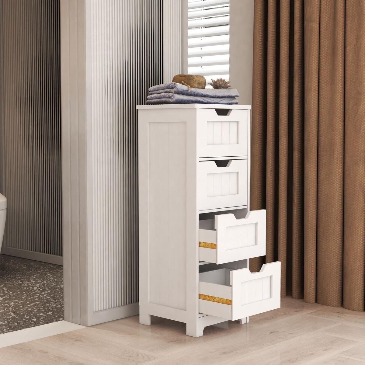 White freestanding storage cabinet with 4 drawers, suitable for bathroom, living room, kitchen