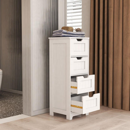 White freestanding storage cabinet with 4 drawers, suitable for bathroom, living room, kitchen