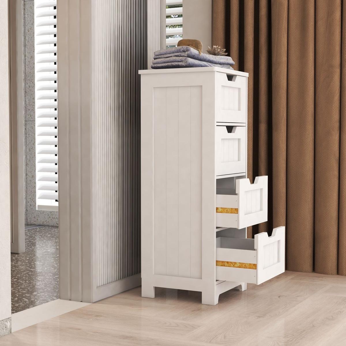 White freestanding storage cabinet with 4 drawers, suitable for bathroom, living room, kitchen