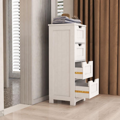 White freestanding storage cabinet with 4 drawers, suitable for bathroom, living room, kitchen