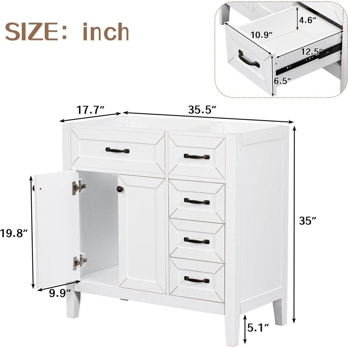 36" Bathroom Vanity without Sink, Cabinet Base Only, Bathroom Cabinet with Drawers, Solid Frame and MDF Board, White