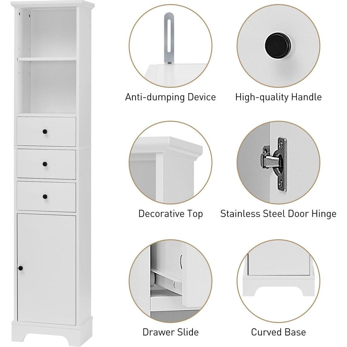 White Tall Bathroom Cabinet, Freestanding Storage Cabinet with 3 Drawers and Adjustable Shelf, MDF Board with Painted Finish