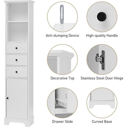 White Tall Bathroom Cabinet, Freestanding Storage Cabinet with 3 Drawers and Adjustable Shelf, MDF Board with Painted Finish