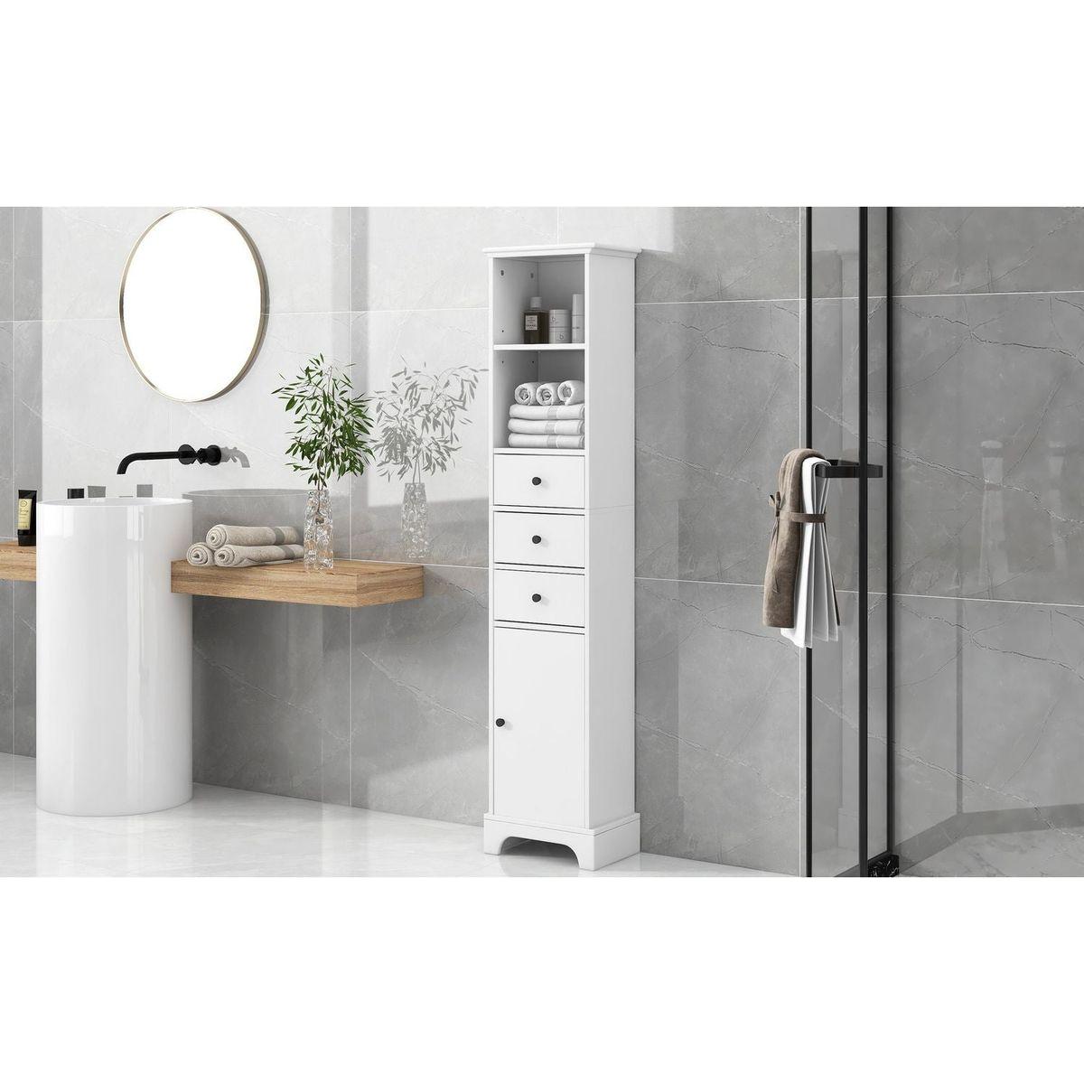 White Tall Bathroom Cabinet, Freestanding Storage Cabinet with 3 Drawers and Adjustable Shelf, MDF Board with Painted Finish