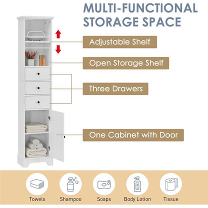 White Tall Bathroom Cabinet, Freestanding Storage Cabinet with 3 Drawers and Adjustable Shelf, MDF Board with Painted Finish