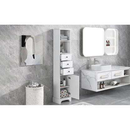 White Tall Bathroom Cabinet, Freestanding Storage Cabinet with 3 Drawers and Adjustable Shelf, MDF Board with Painted Finish