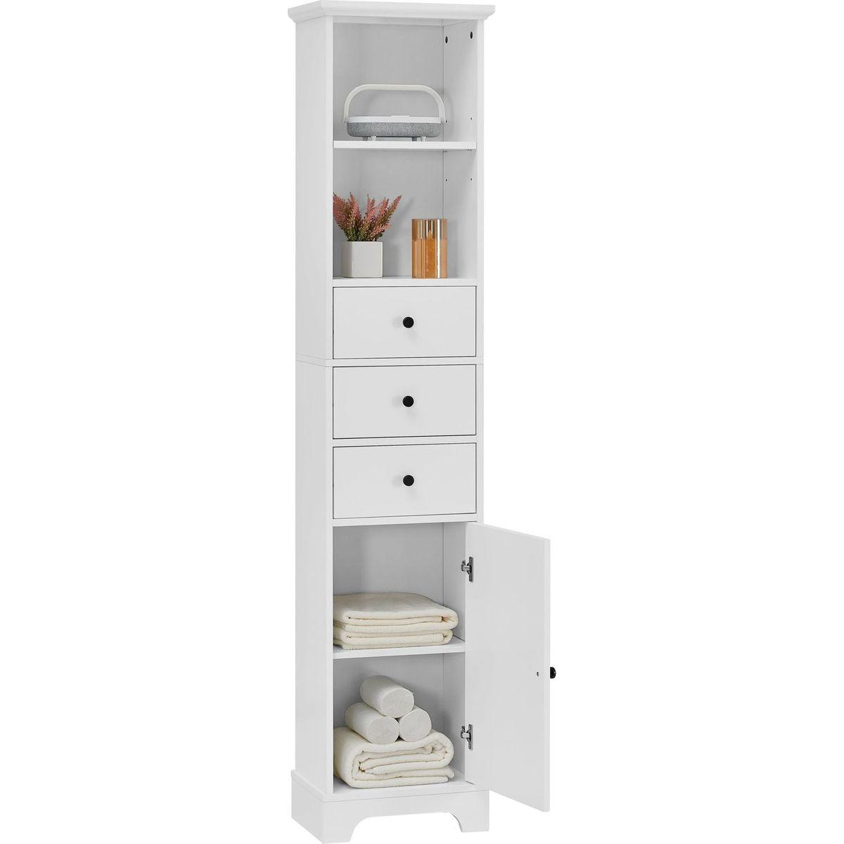 White Tall Bathroom Cabinet, Freestanding Storage Cabinet with 3 Drawers and Adjustable Shelf, MDF Board with Painted Finish