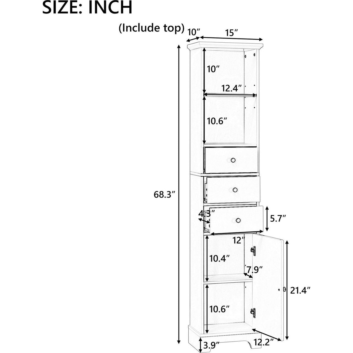 White Tall Bathroom Cabinet, Freestanding Storage Cabinet with 3 Drawers and Adjustable Shelf, MDF Board with Painted Finish
