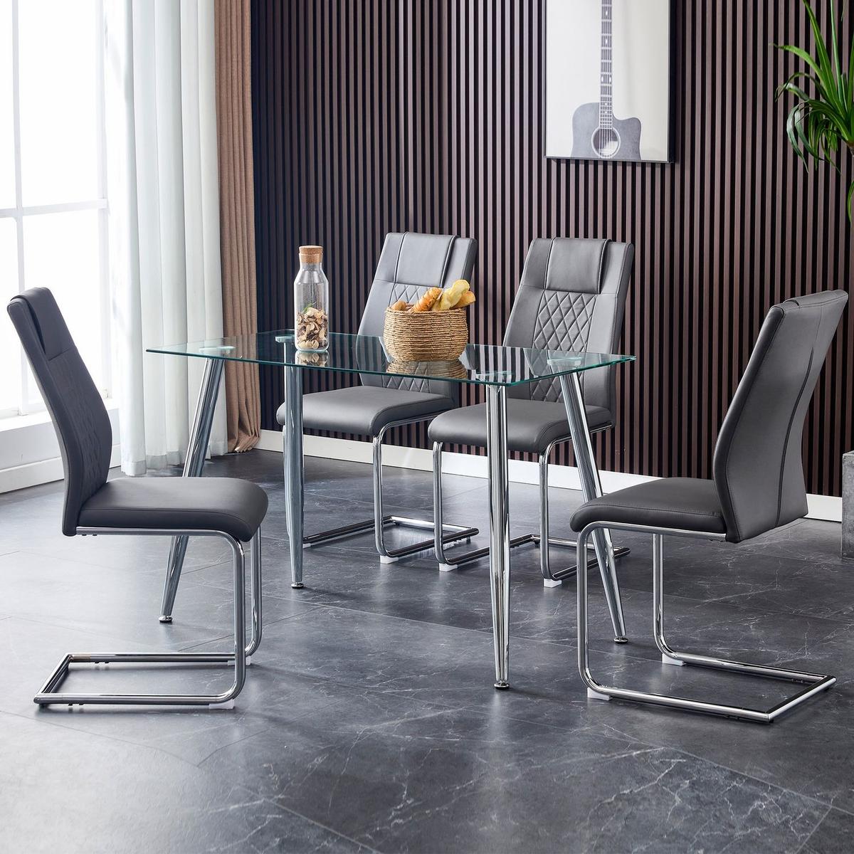 Modern Dining Chairs with Faux Leather Padded Seat Dining Living Room Chairs Upholstered Chair with Metal Legs Design for Kitchen, Living, Bedroom, Dining Room Side Chairs Set of 4 (Grey+PU)