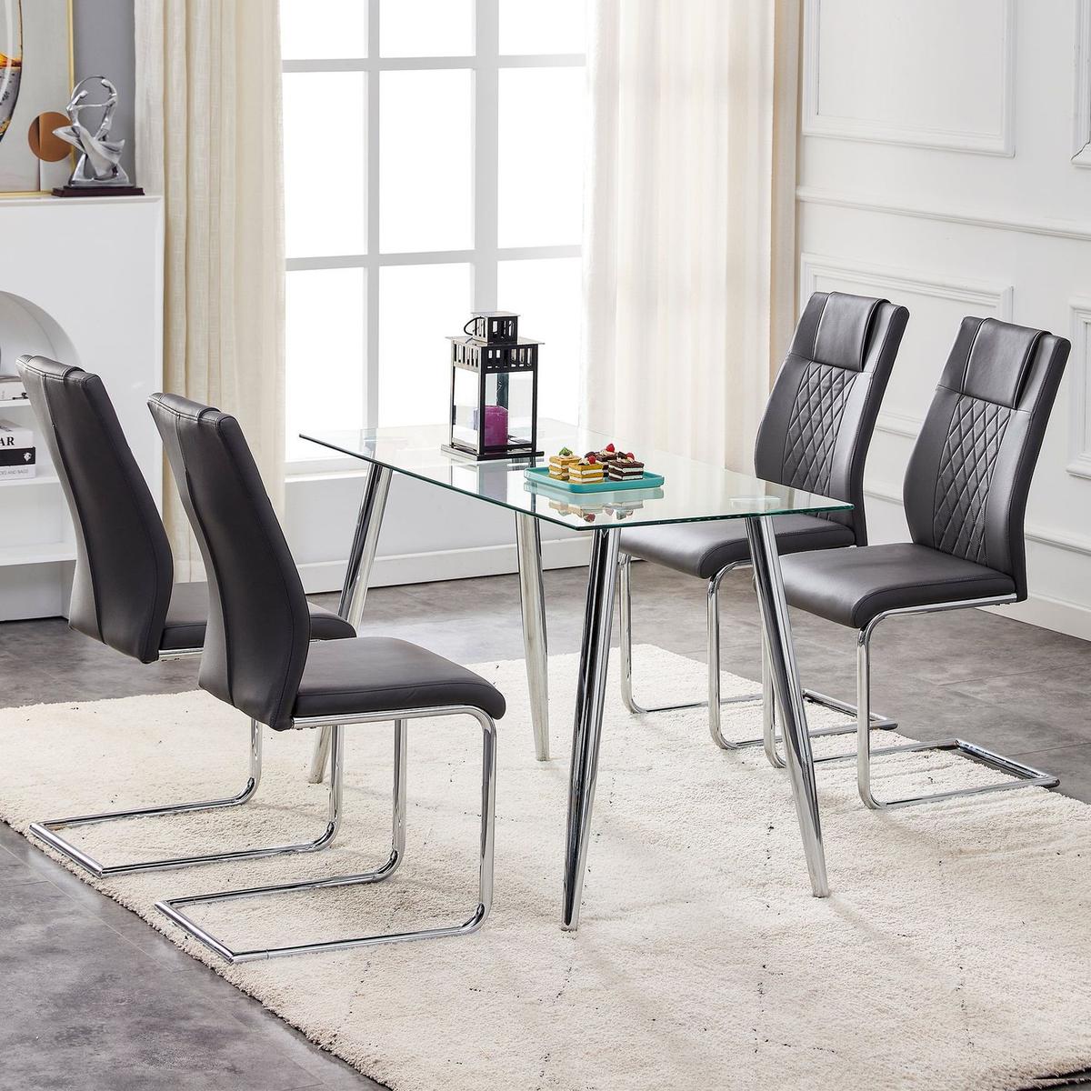 Modern Dining Chairs with Faux Leather Padded Seat Dining Living Room Chairs Upholstered Chair with Metal Legs Design for Kitchen, Living, Bedroom, Dining Room Side Chairs Set of 4 (Grey+PU)