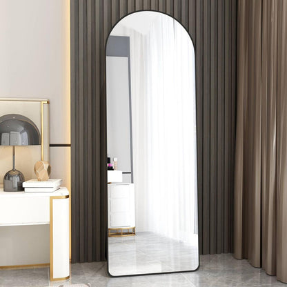 The 3st generation of floor mounted full length mirrors. Aluminum alloy metal frame arched wall mirror, bathroom makeup mirror, bedroom porch, clothing store, wall mounted. Black 65 "x 23"