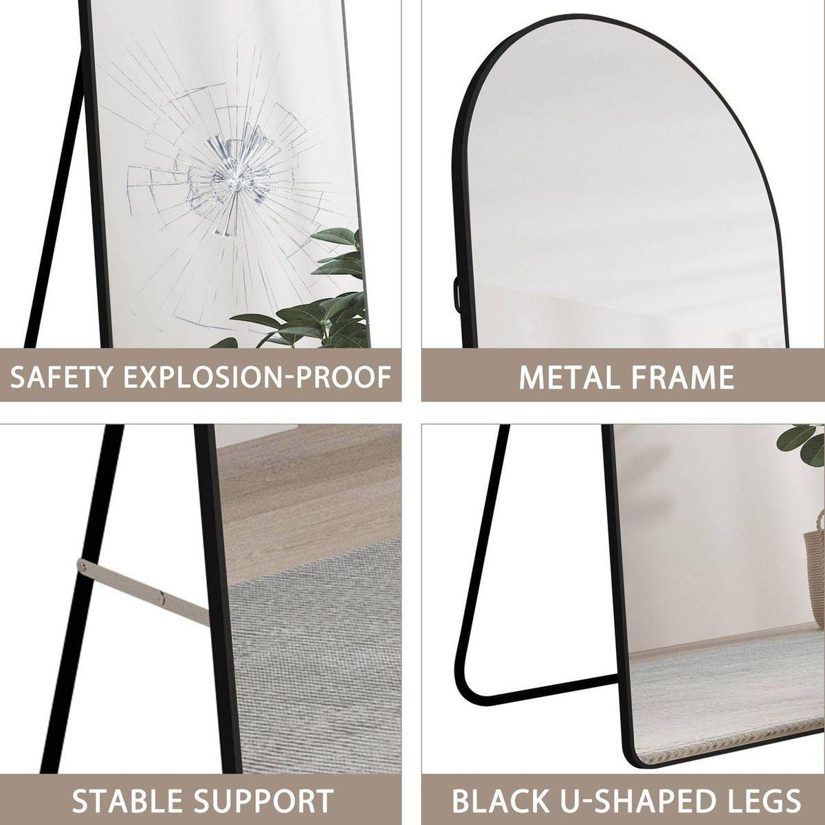 The 3st generation of floor mounted full length mirrors. Aluminum alloy metal frame arched wall mirror, bathroom makeup mirror, bedroom porch, clothing store, wall mounted. Black 65 "x 23"