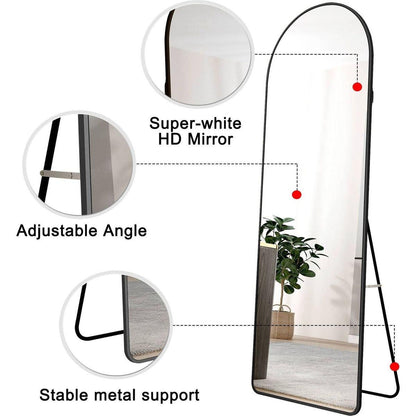 The 3st generation of floor mounted full length mirrors. Aluminum alloy metal frame arched wall mirror, bathroom makeup mirror, bedroom porch, clothing store, wall mounted. Black 65 "x 23"