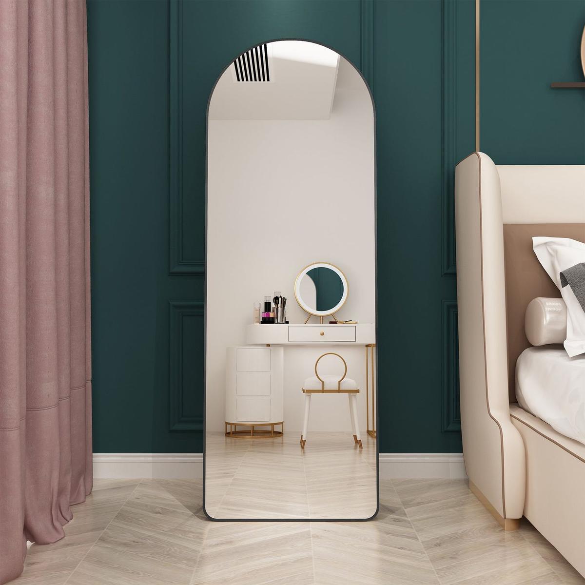 The 3st generation of floor mounted full length mirrors. Aluminum alloy metal frame arched wall mirror, bathroom makeup mirror, bedroom porch, clothing store, wall mounted. Black 65 "x 23"