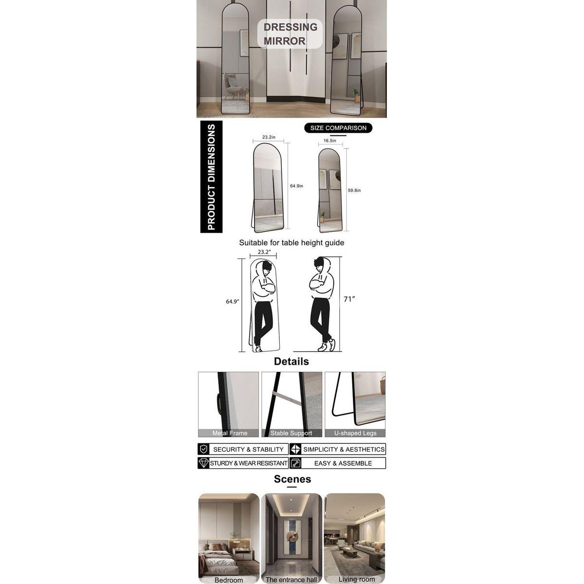 The 3st generation of floor mounted full length mirrors. Aluminum alloy metal frame arched wall mirror, bathroom makeup mirror, bedroom porch, clothing store, wall mounted. Black 65 "x 23"