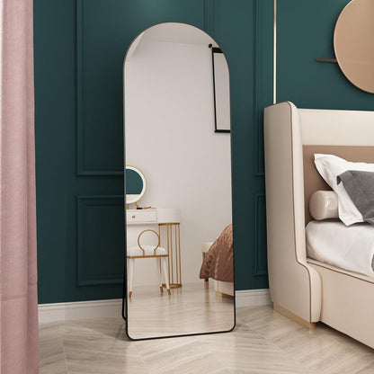 The 3st generation of floor mounted full length mirrors. Aluminum alloy metal frame arched wall mirror, bathroom makeup mirror, bedroom porch, clothing store, wall mounted. Black 65 "x 23"